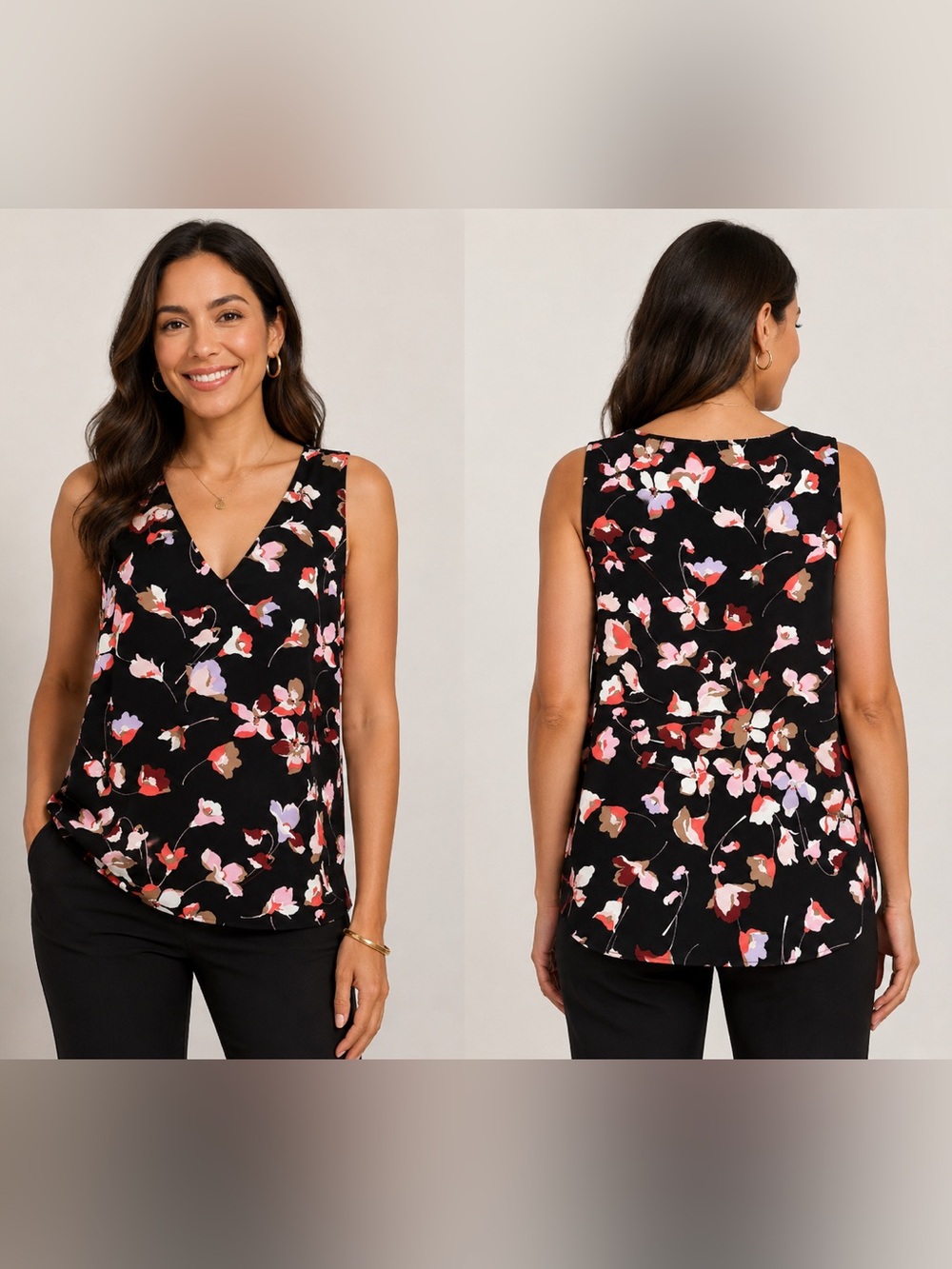 Nine West Black Floral V-Neck Sleeveless Camisole